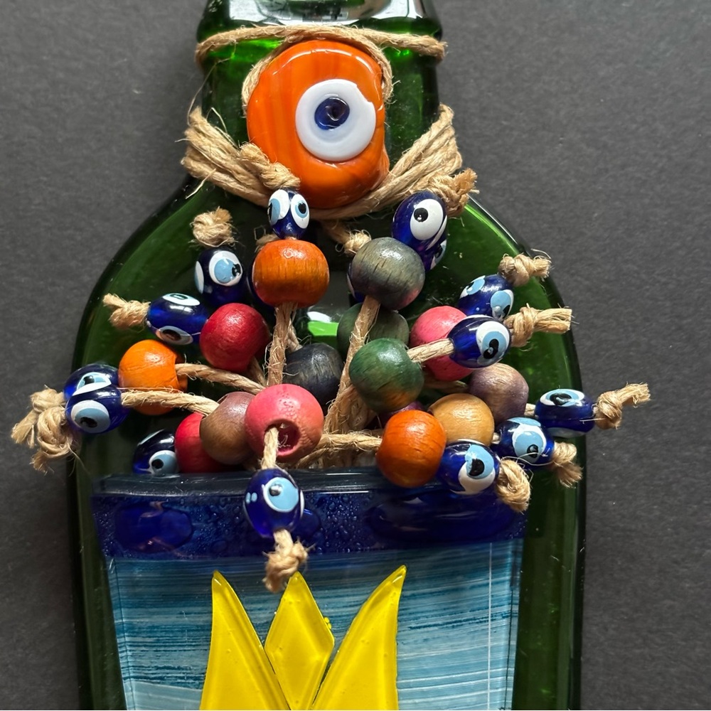 Handmade Turkish Blown Glass Evil Eye Art | Floral Wall Art Green Mosaic - Picture 6 of 7